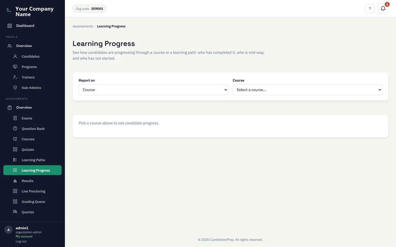 Learning and exam analytics: completion, pass rates and per-topic performance.
