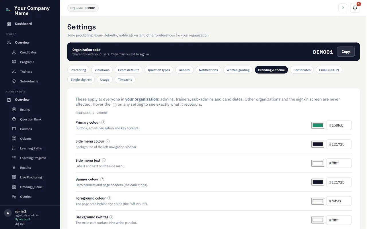 Branding settings: logo and colour tokens applied across the platform.