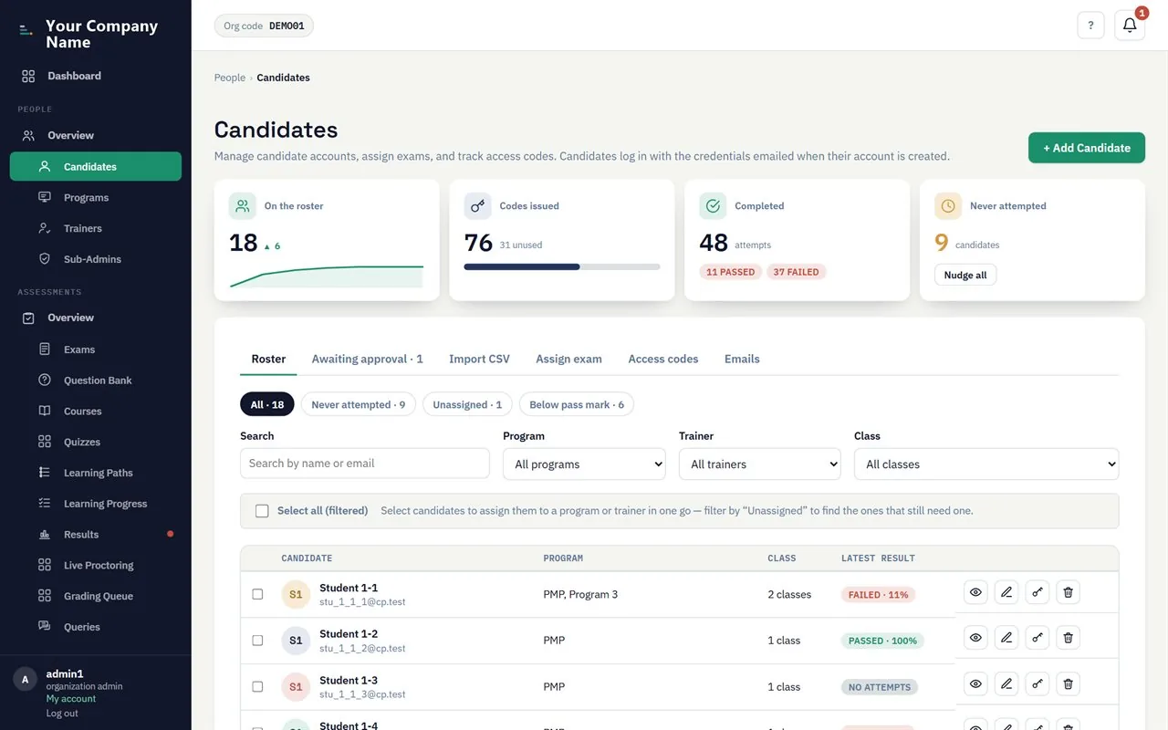 Candidate management: a roster with bulk import, programs and classes.