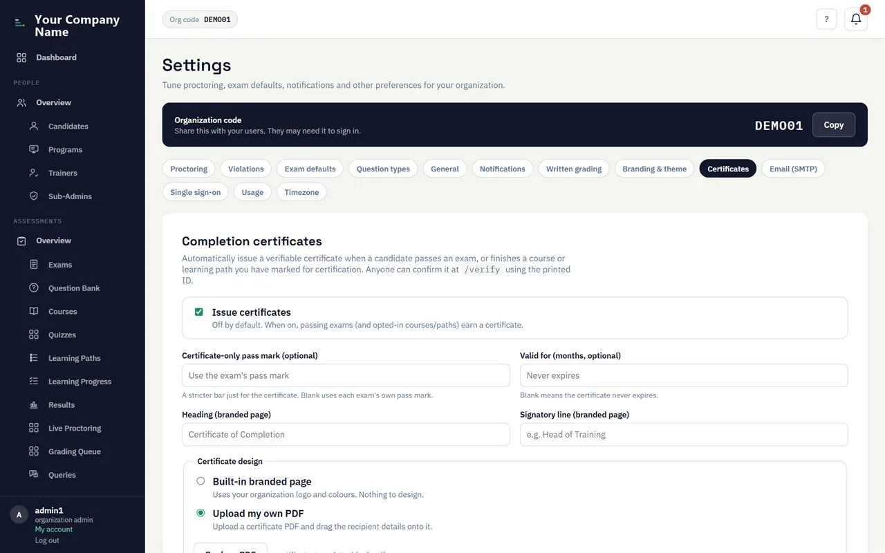 The certificate designer: an uploaded template with fields placed on it.