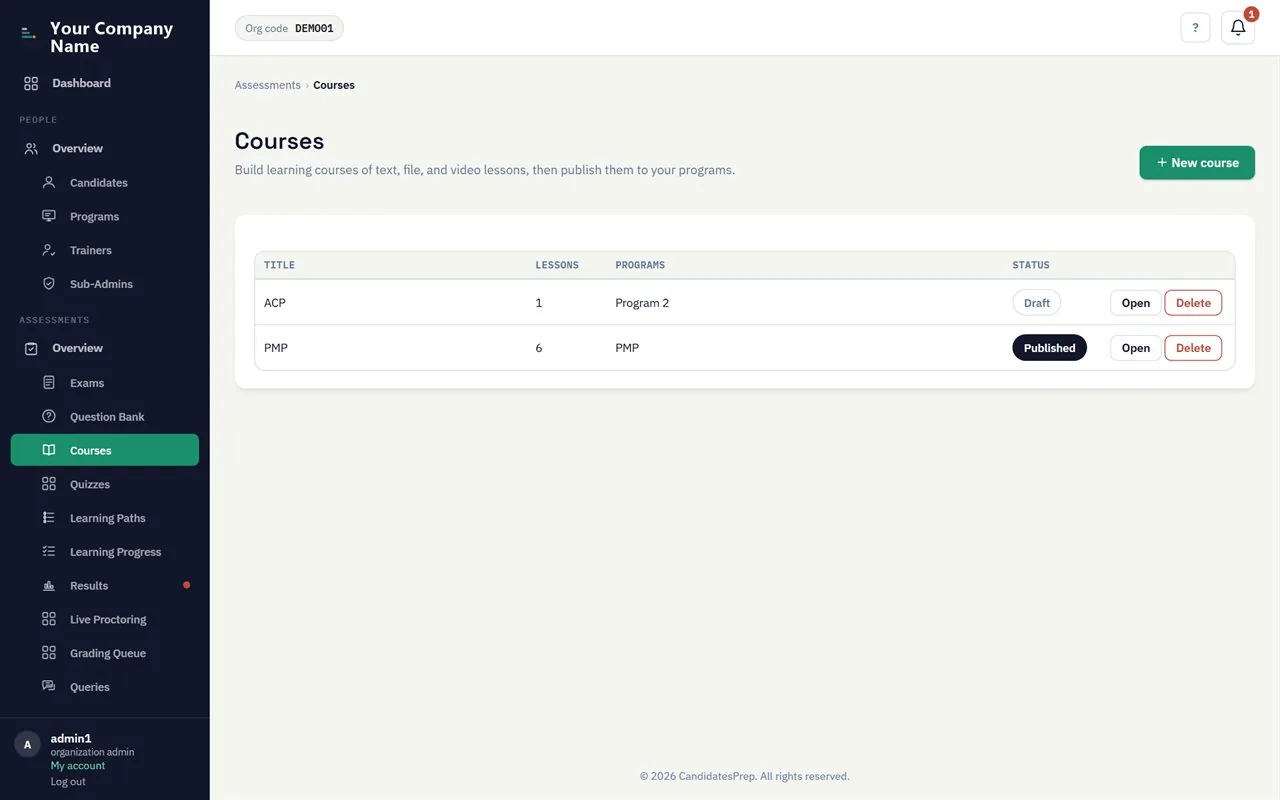 The course library: video lessons, embedded quizzes and learning paths.