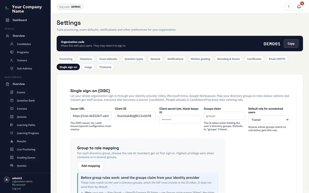 Single sign-on settings: identity provider and group-to-role mapping.